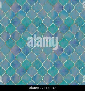 Motif marocain sans couture vintage décoratif avec ligne dorée. Aquarelle bleu sarcelle dessiné à la main sur fond vert. Teen oriental géométrique aquarelle Banque D'Images