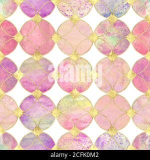 Aquarelle sans coutures pastel or pailleté texture abstraite. Aquarelle fond grunge dessiné à la main avec des cercles se chevauchant et un contour doré Banque D'Images