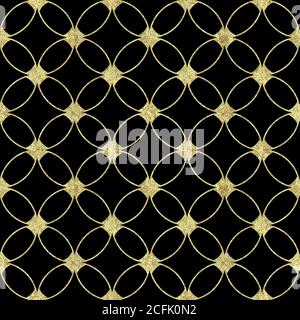 Arrière-plan noir de luxe sans couture avec motif abstrait doré brillant. Texture avec cercles se chevauchant et ligne de contour dorée. Imprimer pour le papier peint Banque D'Images