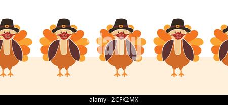 Dinde de Thanksgiving portant un masque facial sans couture bordure Vector. Les dindes portent un motif de coronavirus. Virus Covid 19 art d'automne pour les vacances 2020 Illustration de Vecteur
