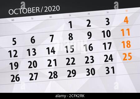 Calendrier du mois d'octobre 2020, date limite. Banque D'Images