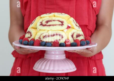 gâteau charlotte avec myrtilles et fraises et assiette à gâteau mains des femmes Banque D'Images