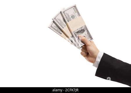 Main d'un homme dans un costume tenant trois piles de notre argent dollar isolé sur fond blanc Banque D'Images