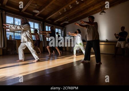 Groupe de personnes avec instructeur effectuant des mouvements fluides avec étiré les bras pendant le chi kung pratique en studio Banque D'Images