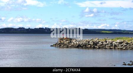 Pêcheurs de la canne sur une jetée dans l'estuaire de la rivière Cree, en regardant depuis le rivage de Carsluith vers les Machars, Dumfries & Galloway, Écosse. La mer est hors de vue à gauche. Photo prise en septembre 2020. Banque D'Images