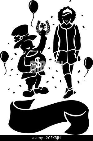 Magnifique art avec silhouettes noires de leprechun et de fille irlandaise sur fond blanc Illustration de Vecteur