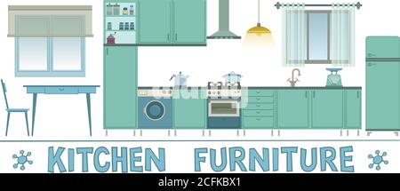 Ensemble de meubles de cuisine de style rétro. Illustration de Vecteur