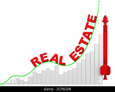 Hausse des prix de l'immobilier. Graphique de croissance rapide avec texte rouge IMMOBILIER et roquette rouge conceptuelle. Concept financier. Illustration 3D Banque D'Images