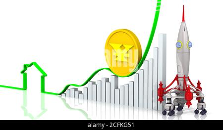 Graphique de croissance rapide avec le contour de la maison, une pièce avec le symbole du yuan chinois et une fusée. Concept financier. Illustration 3D Banque D'Images