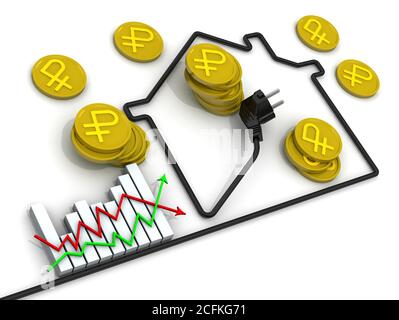 Représenter graphiquement les changements dans les tarifs d'électricité, les maisons de contour faites de fil électrique et de pièces d'or avec le symbole du rouble russe. Illustration 3D Banque D'Images