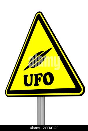 Panneau d'avertissement avec symbole de soucoupe volante et mot UFO (objet volant non identifié). Illustration 3D Banque D'Images