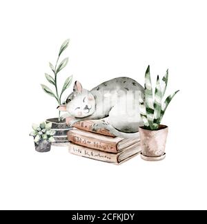 Mignon aquarelle dessin animé chats ensemble illustrations isolées sur blanc. Parfait pour les stikers, le papier peint, la décoration d'affiche. Banque D'Images