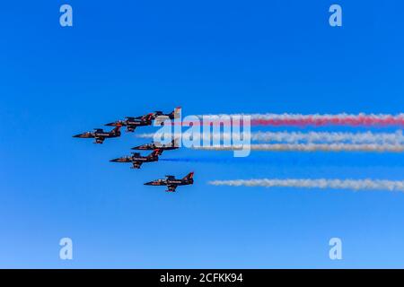 San Francisco, USA - 12 octobre 2014: Patriots Jet Team équipe acrobatique Aero L-39 Albatros en formation avec des contrails colorés à la semaine de la flotte Banque D'Images