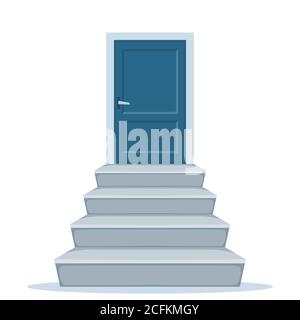 Échelles vers la porte. Escalier en béton gris. Vue avant du gabarit d'escalier et porte fermée. Illustration vectorielle isolée sur blanc Illustration de Vecteur