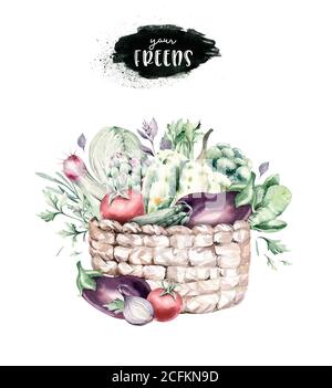 Légumes boîte en bois d'aquarelle biologique saine et panier en osier avec poivron, poireau, oignon et vitamine avocat romarin illustration. Isolé Banque D'Images