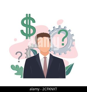 L'homme qui pense à une meilleure décision d'affaires. Choix du concept de stratégie d'entreprise. Illustration de la conception à plat vectorielle Illustration de Vecteur
