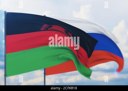 Pavillon russe et drapeau du Malawi. Vue en gros plan, illustration 3D. Banque D'Images