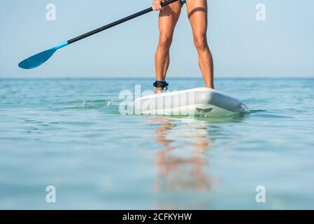 Crop anonyme femme surfeuse debout sur la planche de surf et l'aviron avec pagayez tout en pratiquant sur la surface de la mer en été Banque D'Images