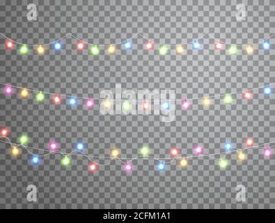 Guirlande lumineuse de Noël isolée sur fond transparent. Décoration de lampe au néon à LED. Ampoule de couleur phosphorescente. Décoration lumineuse pour les cartes de Noël Illustration de Vecteur