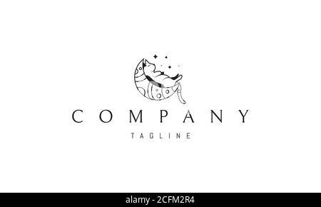 Logo noir vectoriel sur lequel une image abstraite d'un chat endormi sur la lune. Illustration de Vecteur