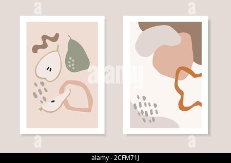 Jeu de cartes de vœux artistiques d'automne, invitations.coupe poire fruit et formes géométriques abstraites. Dessins vectoriels modernes et minimalistes. Automne Illustration de Vecteur