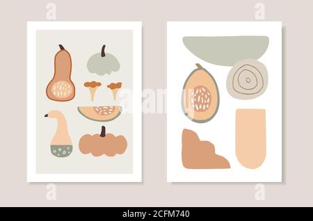 Jeu de cartes de vœux artistiques d'automne, invitations. Couper les citrouilles légumes, champignons et formes géométriques abstraites. Dessins vectoriels modernes et minimalistes Illustration de Vecteur