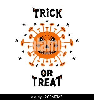 Halloween bactéries coronavirus dessinées à la main avec visage effrayant et trick ou traiter le lettrage. Isolé sur fond blanc. Illustration du stock vectoriel. Illustration de Vecteur