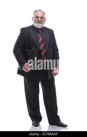 homme d'affaires souriant avec un porte-documents en cuir. isolé sur un blanc Banque D'Images