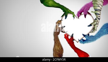 Halloween Love and Spooky Monster mains tenant un coeur comme un zombie un loup-garou une momie et un diable rouge creepy main saisissant une jack o lanterne. Banque D'Images