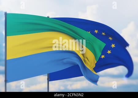 Drapeau de l'Union européenne et drapeau du Gabon. Vue en gros plan, illustration 3D. Banque D'Images