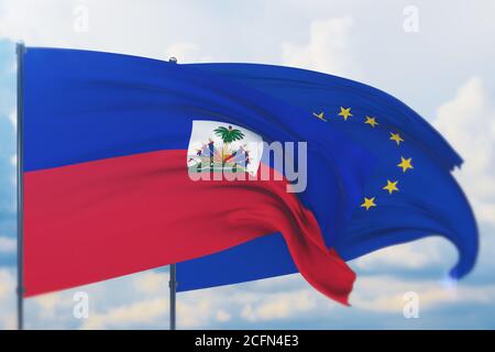 Drapeau de l'Union européenne et drapeau d'Haïti. Vue en gros plan, illustration 3D. Banque D'Images