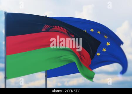 Drapeau de l'Union européenne et drapeau du Malawi. Vue en gros plan, illustration 3D. Banque D'Images