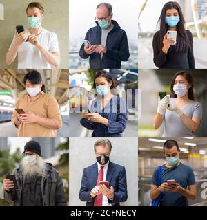 Collage de personnes portant un masque facial de protection et utilisant le téléphone Banque D'Images