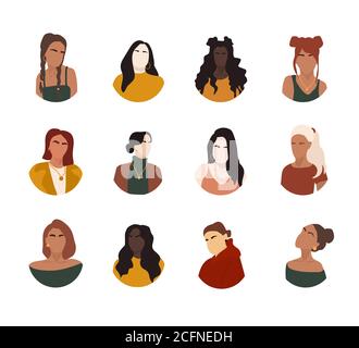 Réaliser différents portraits abstraits de femmes d'une grande équipe d'affaires diversifiée. Ensemble de collègues joyeux. Collection de personnages de dessins animés féminins. Divers Illustration de Vecteur