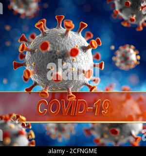 Nouveau coronavirus, 2019-nCoV ou SRAS-COV-2, cause de la pandémie de grippe mondiale. Concept de gros plan du virus microscopique avec texte Covid-19. rendu 3d. Banque D'Images