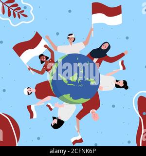 Les personnes multiethniques sourient sur fond de drapeau blanc rouge de la terre de l'archipel célèbrent le concept de jour de l'indépendance indonésienne avec un style de dessin animé plat. Illustration de Vecteur