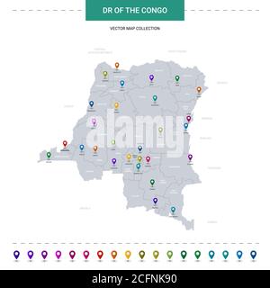 Dr de la carte du Congo avec repères de localisation. Modèle vectoriel d'infographie, isolé sur fond blanc. Illustration de Vecteur