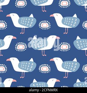 Motif mouette. Amusant oiseau de mer et vecteur de soleil répétition sans couture arrière-plan de bord de mer. Illustration de Vecteur
