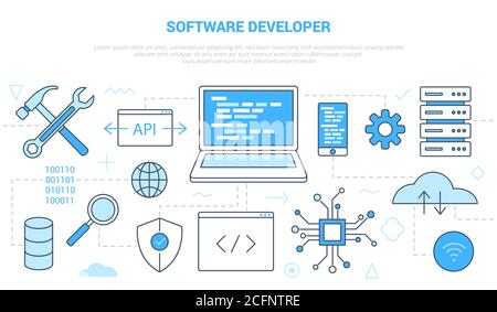 concept de développeur de logiciel avec bannière de modèle de jeu d'icônes avec moderne style bleu Illustration de Vecteur