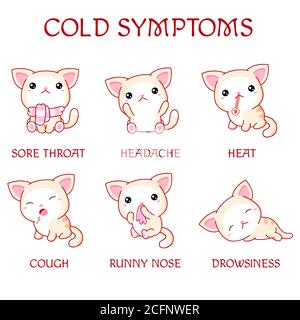 Affiche d'information avec texte et chats mignons. Symptômes du rhume - chaleur, écoulement nasal, mal de gorge, maux de tête, toux, somnolence. Traitement médical et santeca Illustration de Vecteur