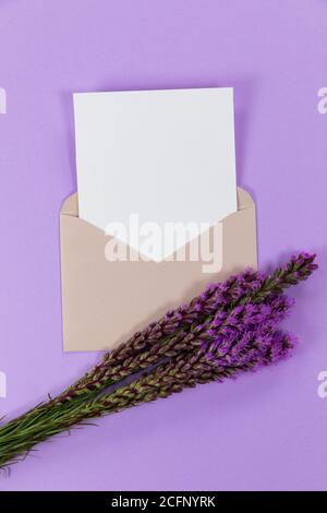 Vue d'une enveloppe beige avec une feuille de papier il et lilas fleurs sur fond violet Banque D'Images