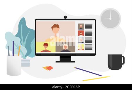 Les collègues parlent les uns aux autres sur l'écran de l'ordinateur. Appel vidéo de conférence, travail à partir de la conception de vecteur à domicile. Illustration de Vecteur