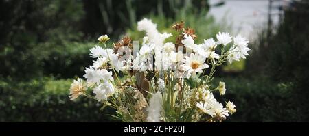 Fleurs artificielles bouquet de fleurs séchée de tatice doux ton blanc couleur dans le style vintage, concept pour écrire le dessin de texte à l'avant arrière-plan pour la bannière, Banque D'Images