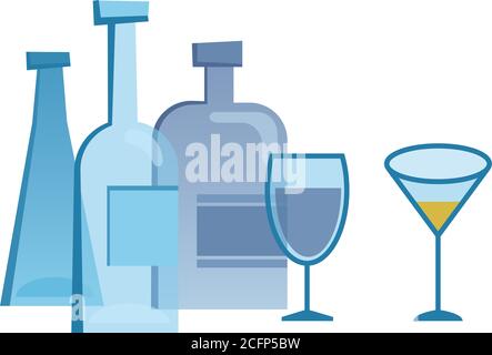 Illustration de style rétro de différents flacons et verres avec boissons. Illustration de Vecteur