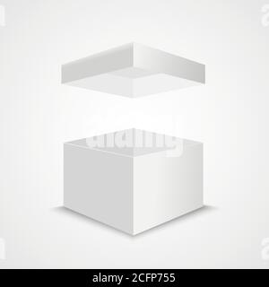 Maquette de caisse ouverte blanche. Cube en carton vectoriel réaliste avec couvercle volant. Boîte vide de surprise de paquet Illustration de Vecteur