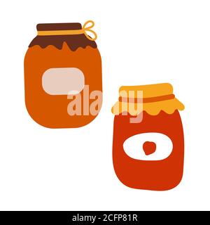 Dessin animé à la main deux pots de confiture rouge. Les boîtes ont des étiquettes. Illustration de Vecteur