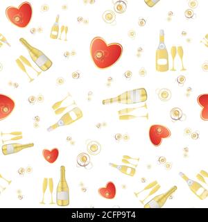 Fond de motif vectoriel sans couture à motif coeurs rouges et champagne. Bouteilles d'or, verres, boisson gazeuse sur fond blanc. Elégante répétition de vin mousseux. Tous Illustration de Vecteur