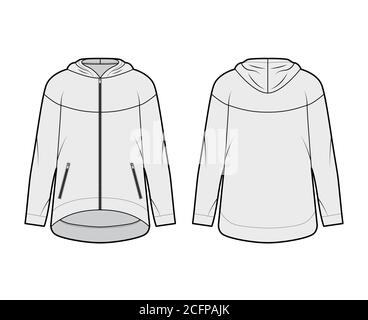 Grand sweat à capuche zippé en coton-polaire, illustration technique de la mode avec poches à jets à fermeture à glissière, coupe décontractée, manches longues. Modèle de cavalier plat avant, arrière de couleur grise. Sweat-shirt CAD pour femmes et hommes Illustration de Vecteur