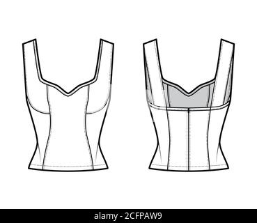 Haut à empiècements style corset, illustration technique de la mode avec encolure ornée de bijoux, coupe près du corps, fermeture à glissière dissimulée dans le dos. Modèle de vêtement plat à l'avant, à l'arrière, de couleur blanche. Femmes hommes unisexe chemise CAD maquette Illustration de Vecteur