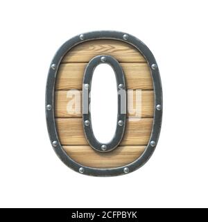 Police en bois avec cadre en métal et rivets, rendu 3d numéro 0 Banque D'Images